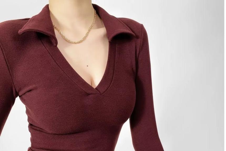 Long-Sleeve Plain Polo Top Product Image