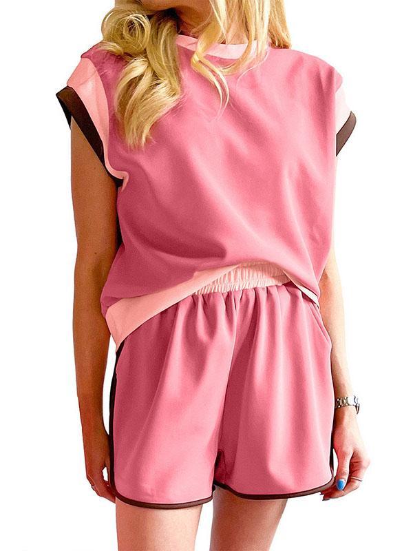 Contrast Color Short Sleeves Round-Neck T-Shirt + Elasticity Shorts Two Pieces Set Product Image