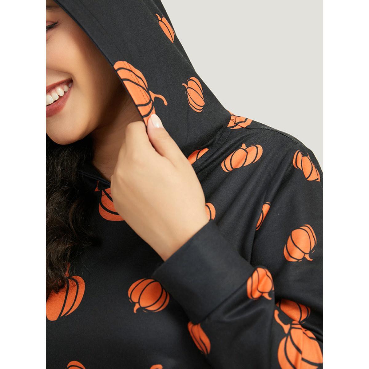 Plus Size Pumpkin Print Hooded Sweatshirt Women Black Casual Elastic cuffs Hooded Festival-Halloween Sweatshirts BloomChic 26/4X Product Image