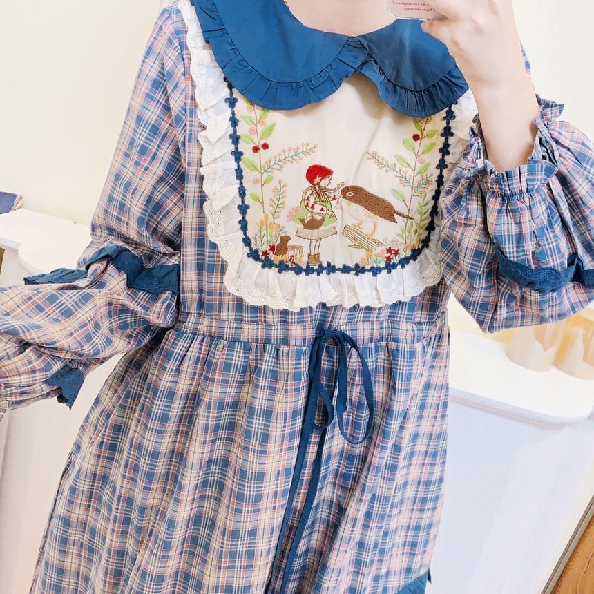 Long-Sleeve Collar Plaid Embroidered Patchwork Midi A-Line Dress Product Image