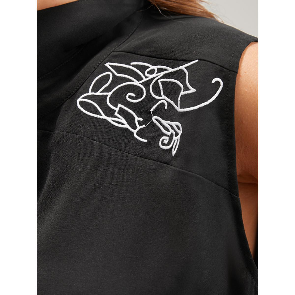 Plus Size Halloween Button Sleeveless Shirt Collar Knee Dress Black Women Elegant Embroidered Shirt collar Sleeveless Curvy Knee Dress BloomChic 12/L Product Image