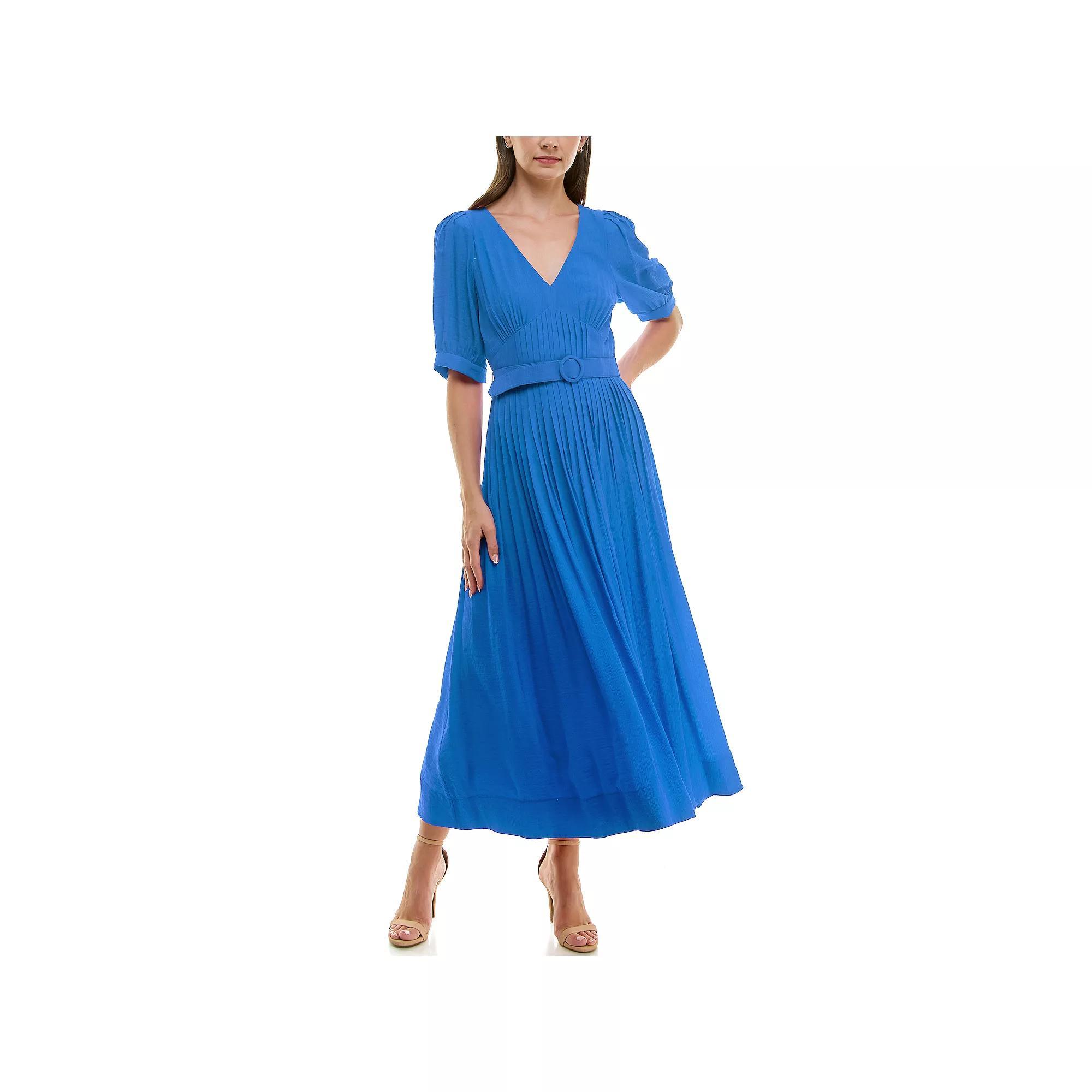 Women's Taylor Pleated Short Sleeve Belted Maxi Dress, Size: 14, Royal Blue Product Image