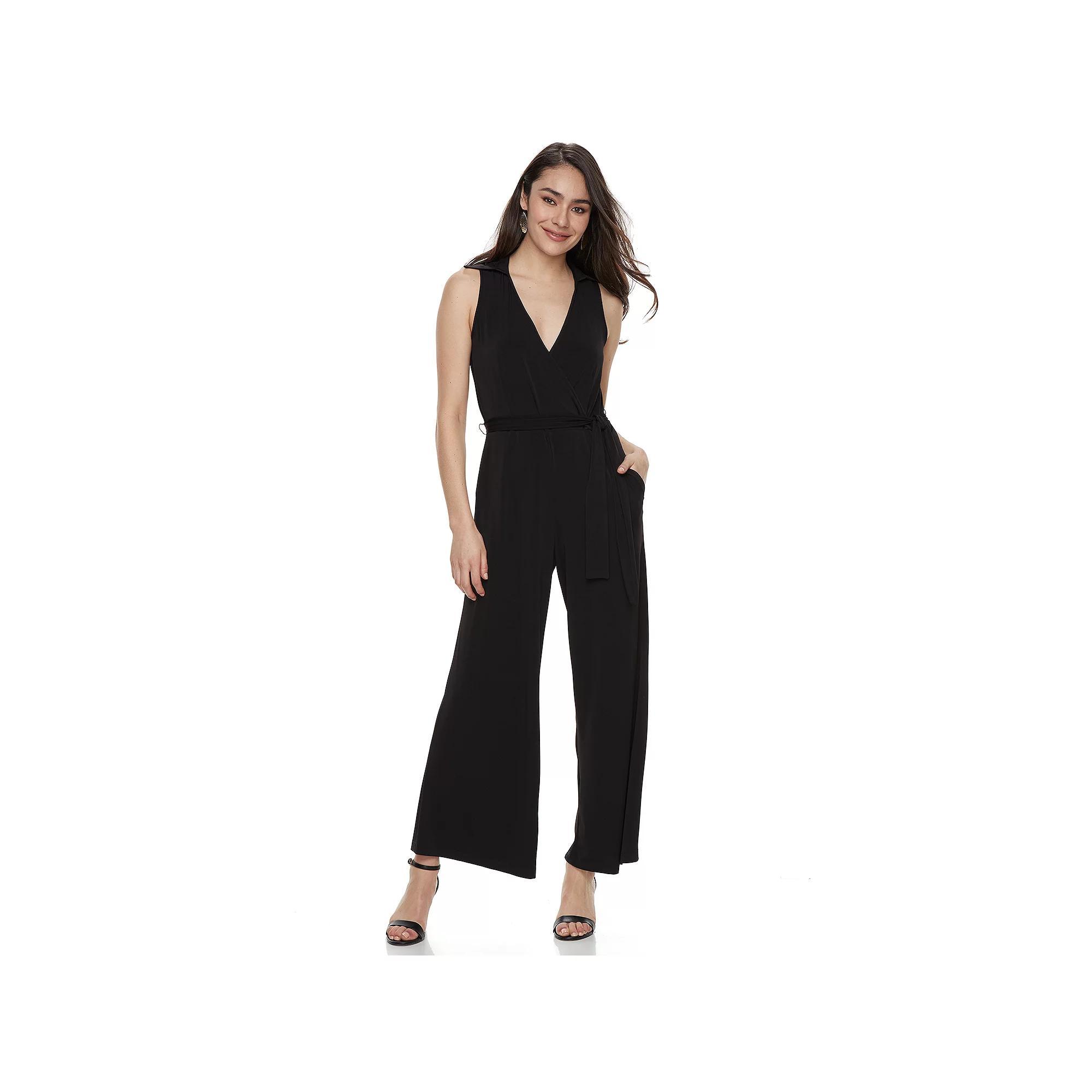 Women's Nina Leonard Collared Sleeveless Surplice Wide-Leg Jumpsuit, Size: XL, Black Product Image