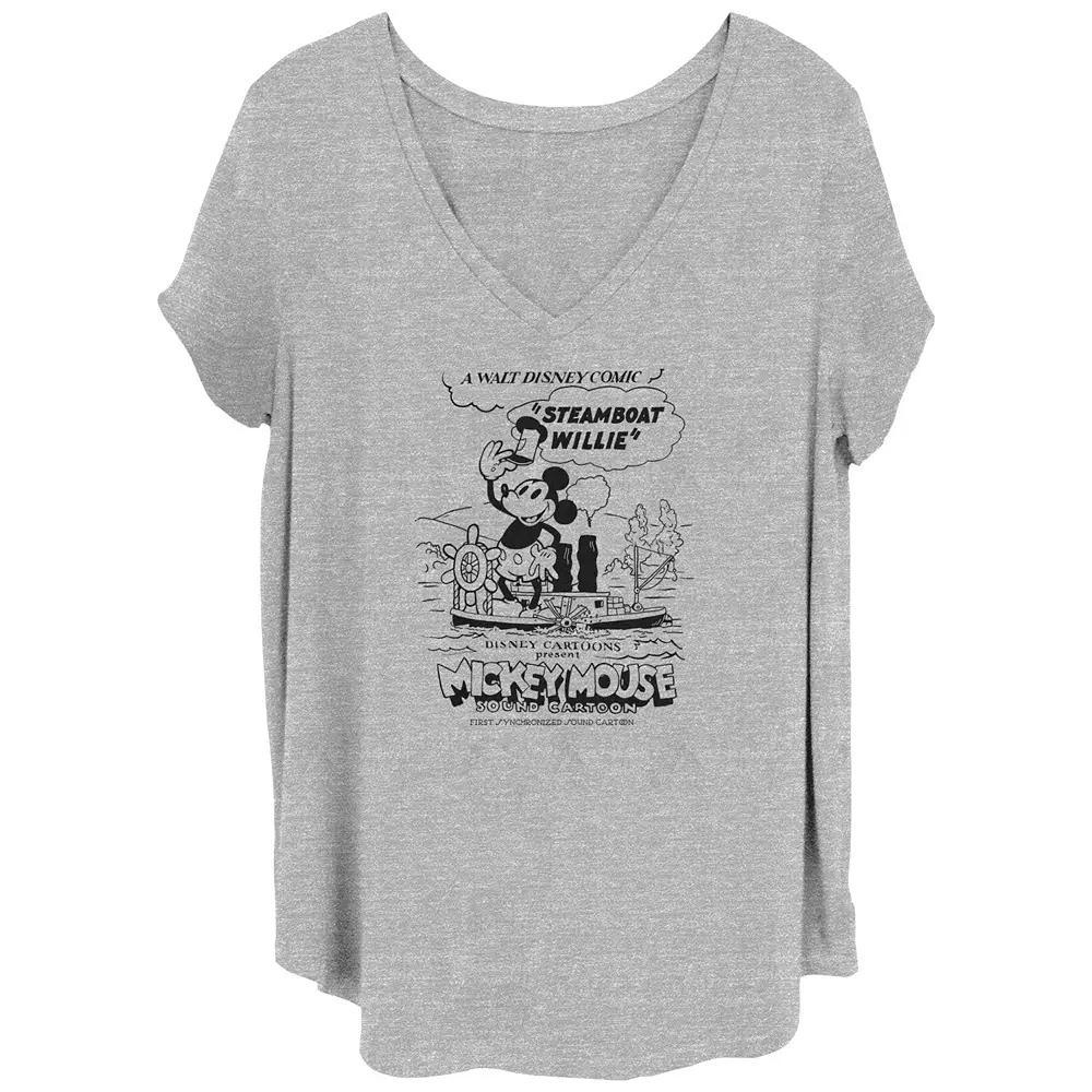 Disney's 100th Anniversary Women's Mickey Mouse Steamboat Willie Cartoon Comic V-Neck Tee, Girl's, Size: 2XL, Grey Gray Product Image