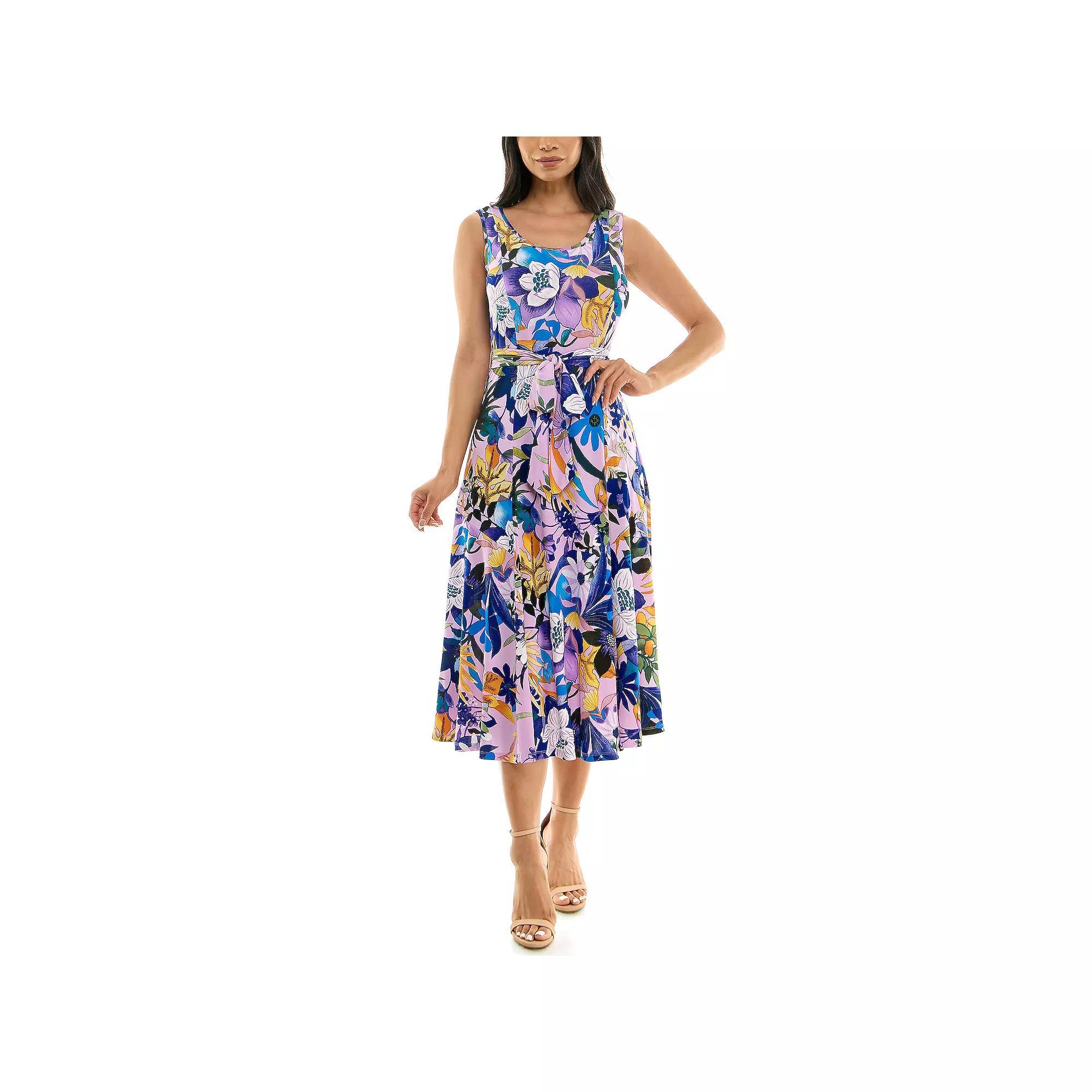 Women's Nina Leonard Belted Sleeveless Print Midi Dress, Size: XL, Brown Team Product Image