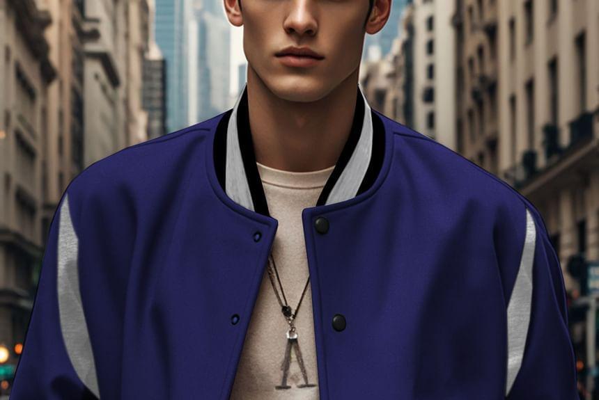 Contrast Trim Button-Up Baseball Jacket Product Image