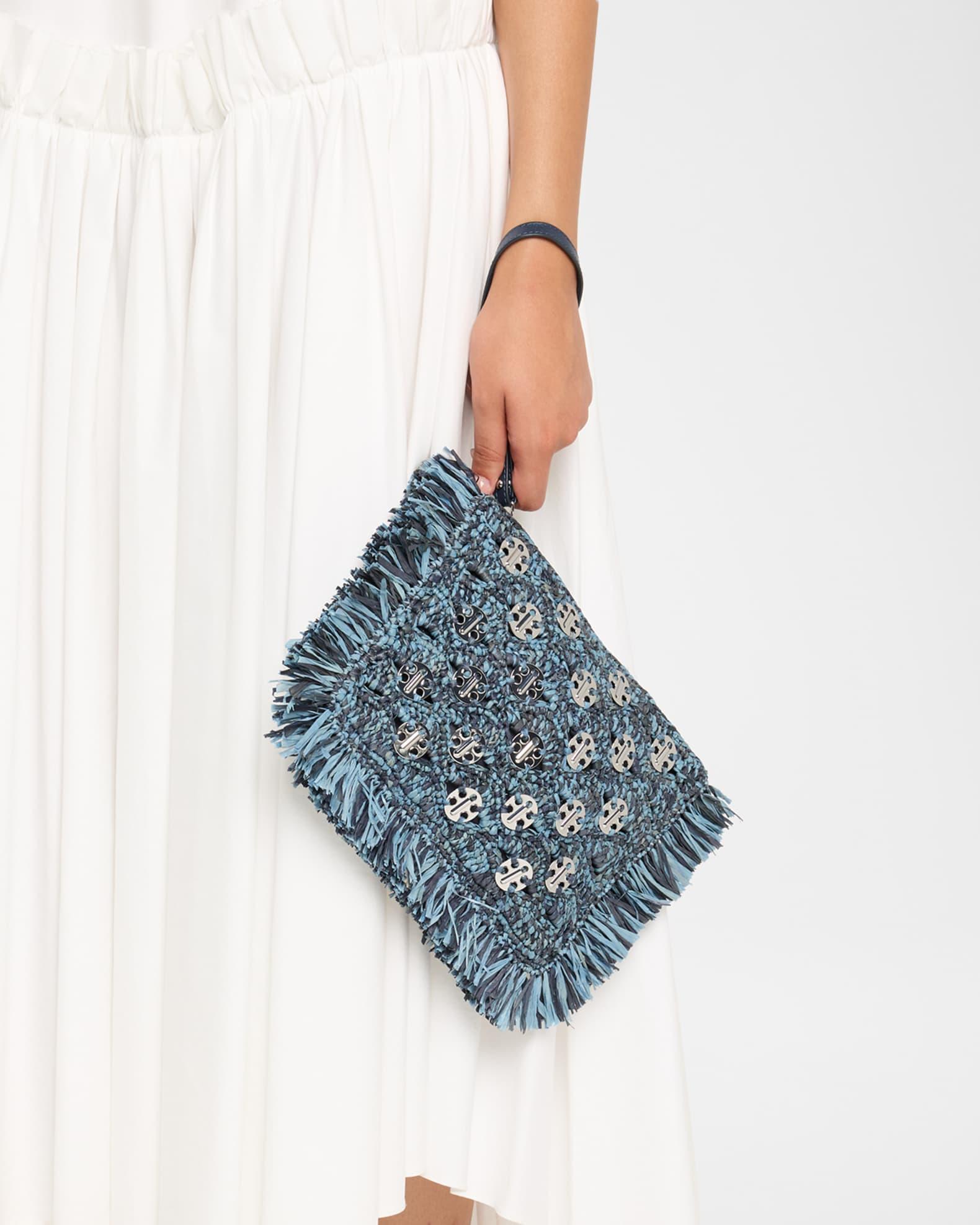 Fringed Denim Raffia Disc Pouch Bag Product Image