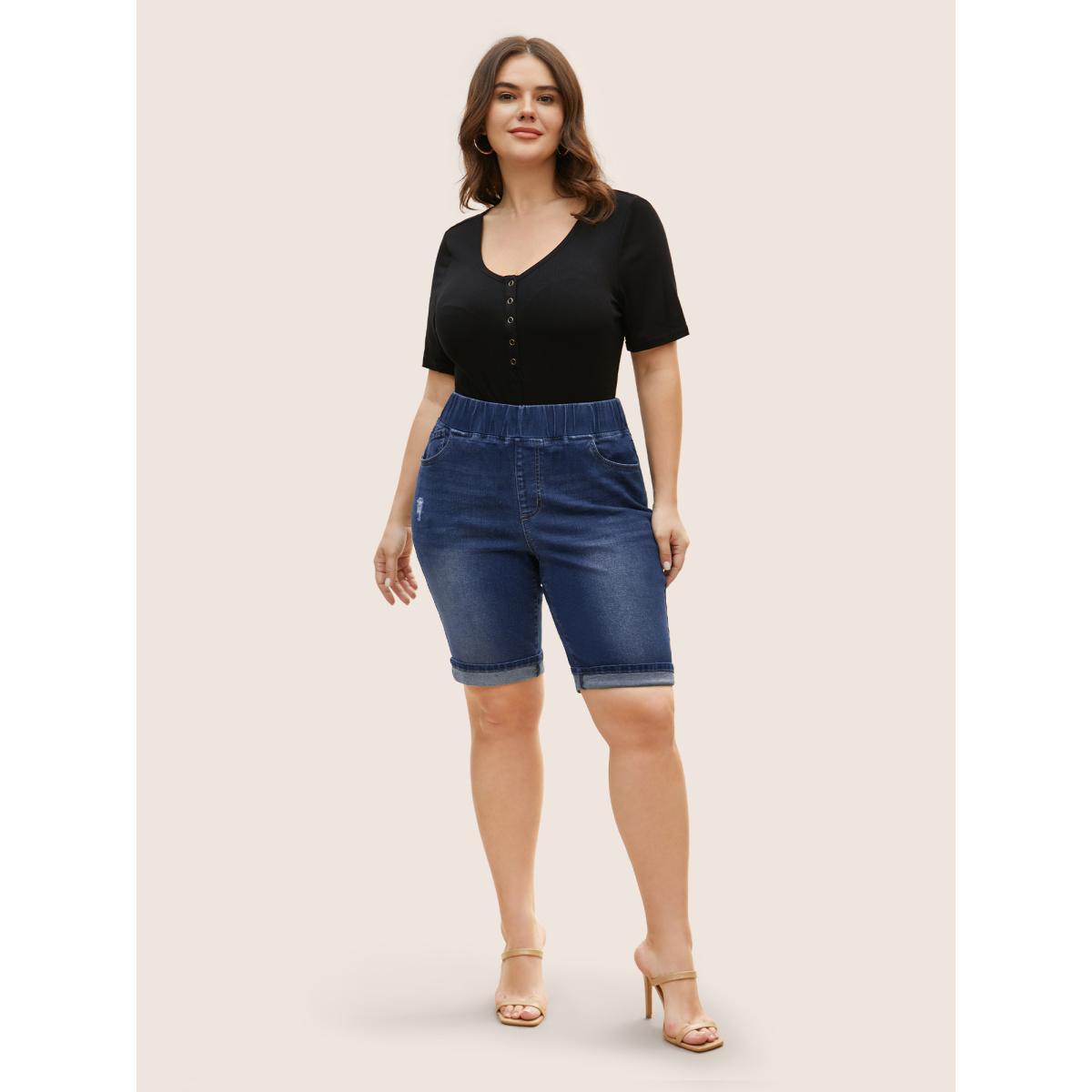 Plus Size Dark Wash Distressed Roll Hem Denim Shorts Women Denimindigo Roll Hem High stretch Everyday Slanted pocket Casual Denim Shorts BloomChic 12/L Product Image