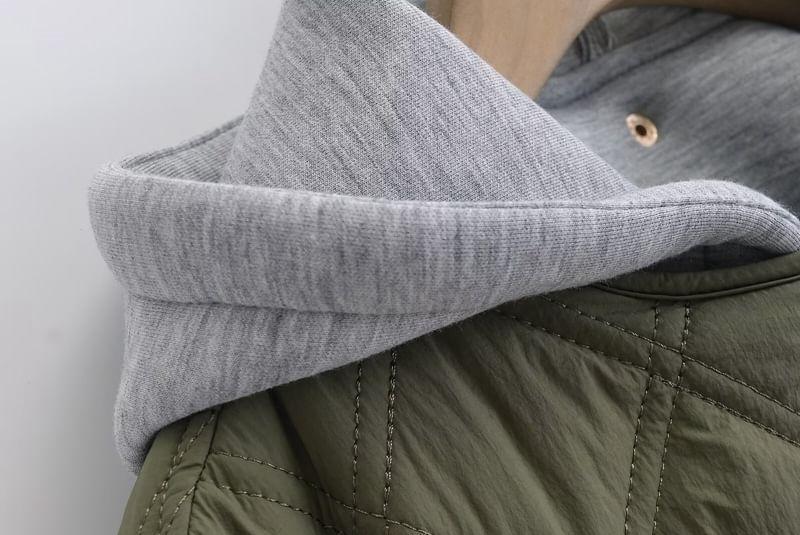 Plain Quilted Hooded Button-Up Jacket Product Image