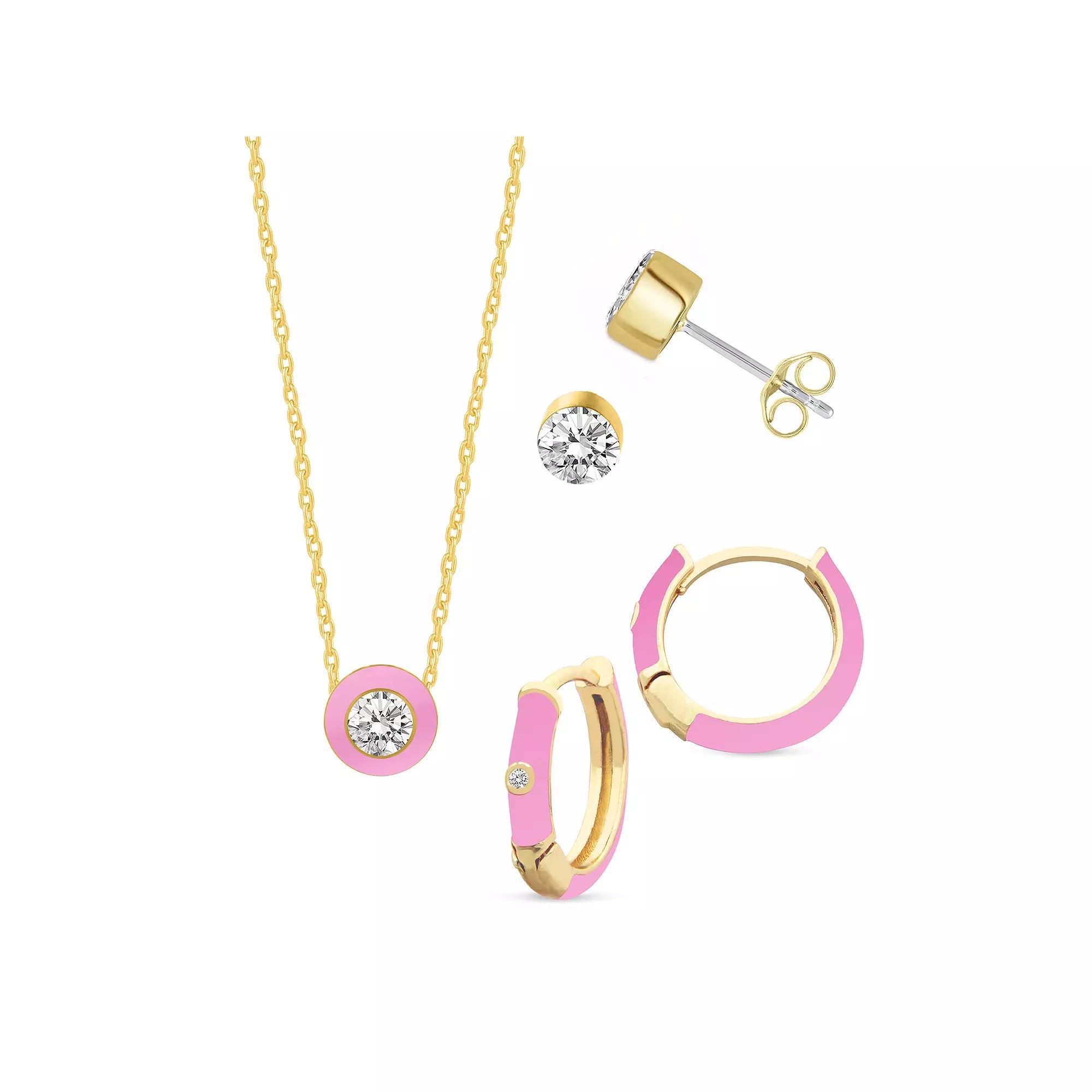 Royal Aura Heart Gold Tone Crystal & Black Enamel Heart Necklace, Huggie Earrings, & Stud Earrings Set, Women's, Size: 17", Gold Tone Black Product Image