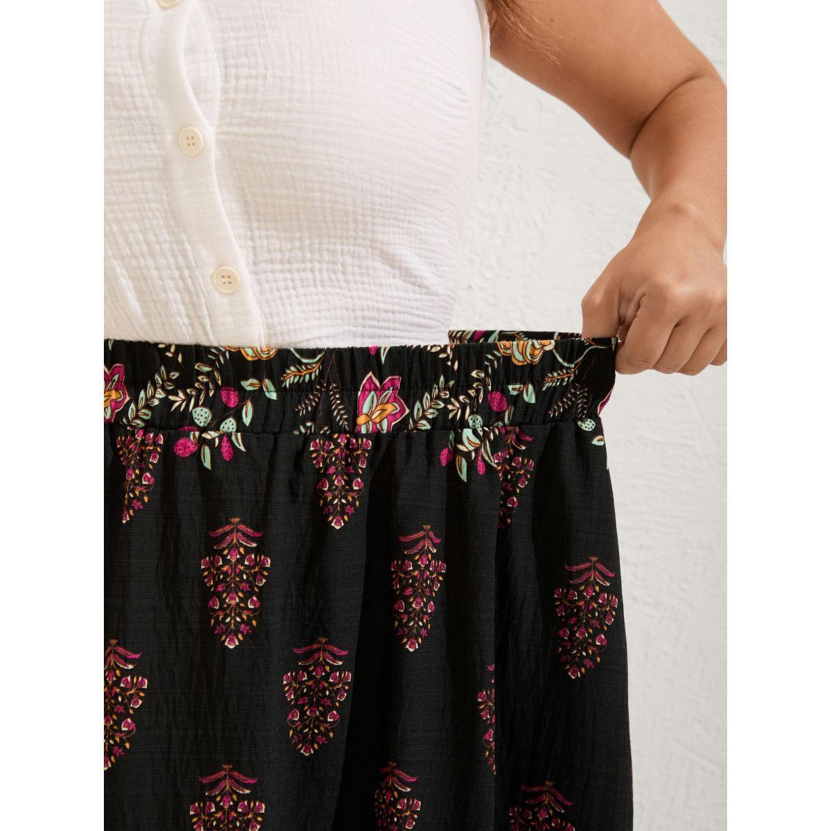 Plus Size Boho Floral Waist Stretchy Midi Skirt Women DarkGray Resort Bodycon Low stretch Side seam pocket Vacation Skirts BloomChic 28/5X Product Image