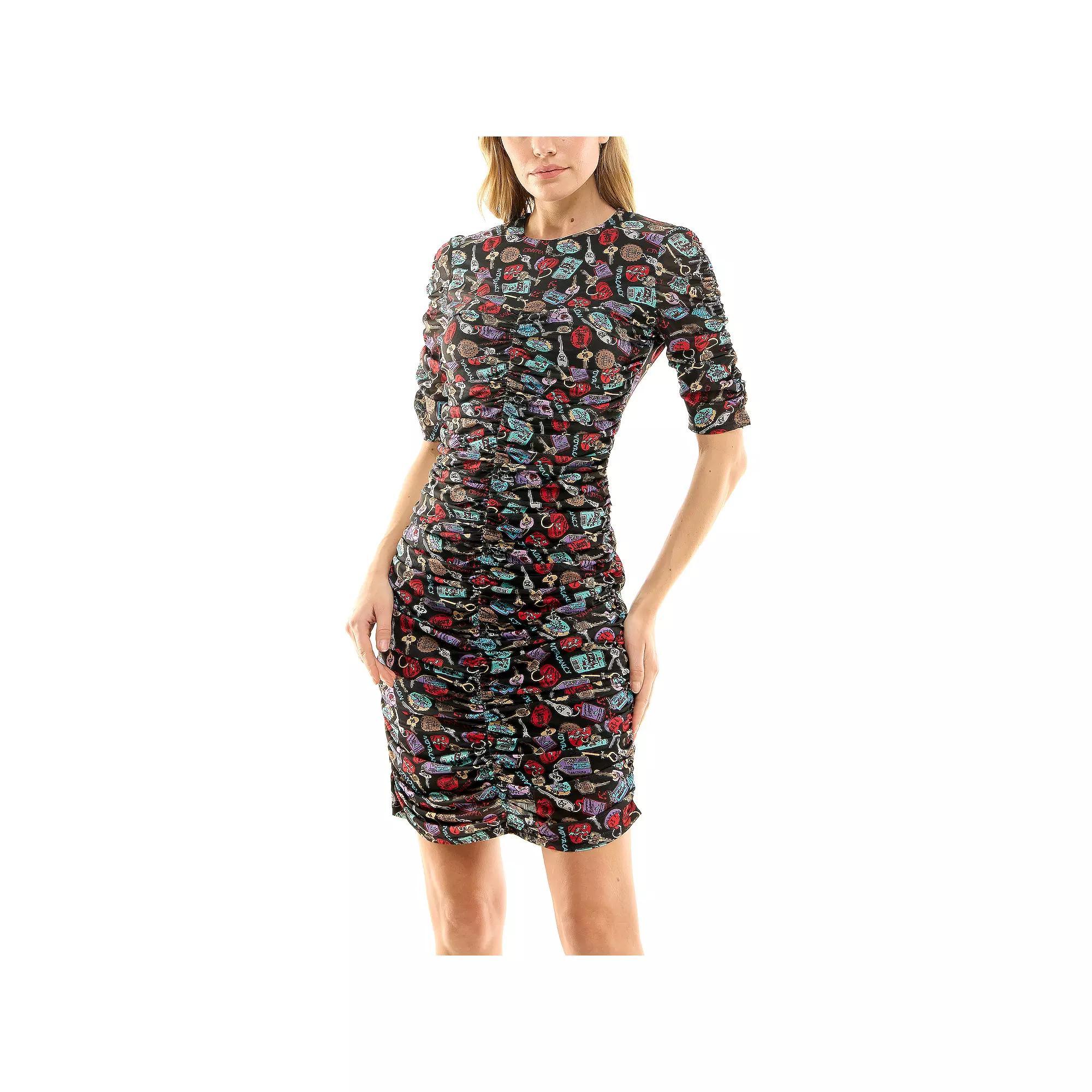 Women's Nicole Miller Printed Shirred Mesh Dress, Size: Small, Keys Print Product Image