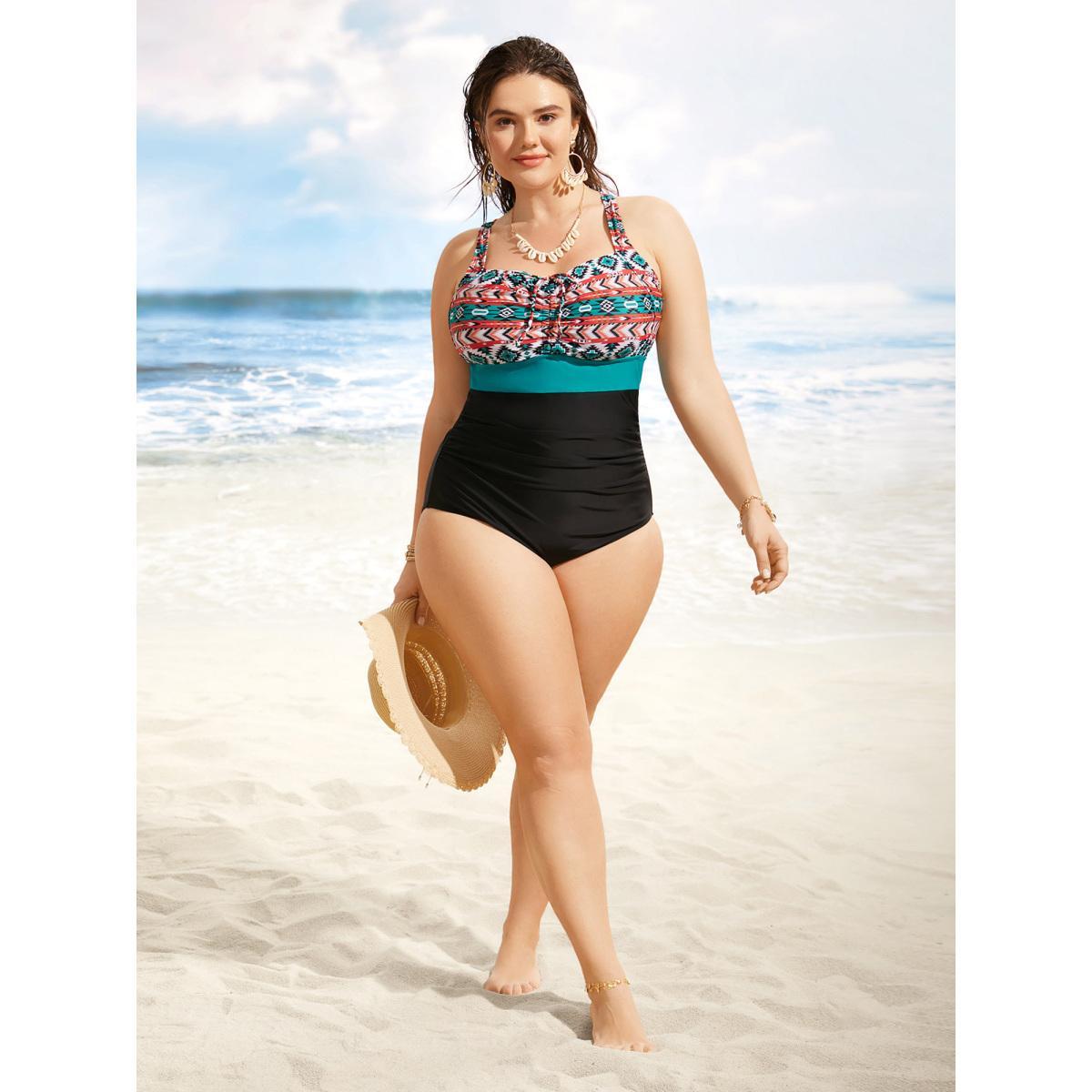 Plus Size Heart Neckline Bandana Print Contrast One Piece Swimsuit Women's Swimwear Black Beach Gathered Curve Bathing Suits High stretch One Pieces BloomChic 18-20/2X Product Image