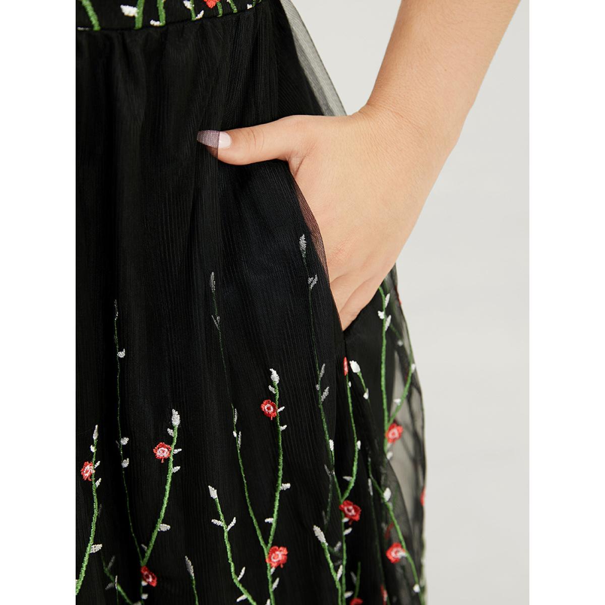 Plus Size Floral Embroidered Mesh Ruffle Hem Pocket Cami Dress Black Women Glamour Adjustable Straps Spaghetti Strap Sleeveless Curvy Knee Dress BloomChic 22-24/3X Product Image