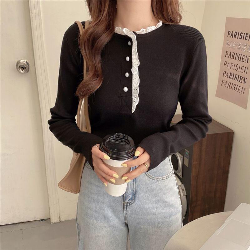 Long-Sleeve Frill Trim Half Buttoned Plain Top Product Image
