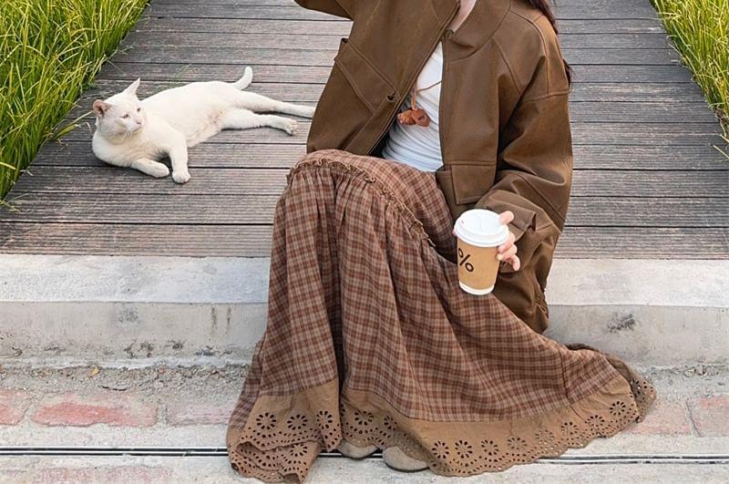 Faux Leather Zip-Up Jacket / High Waist Plaid Maxi A-Line Skirt Product Image