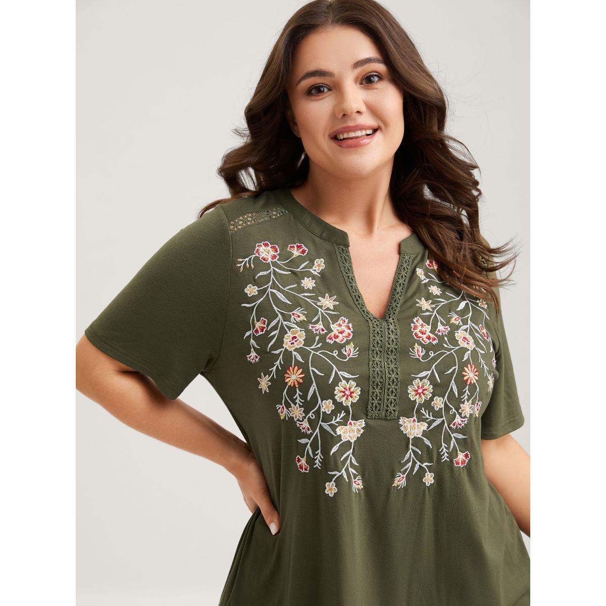 Plus Size Floral Embroidery Lace Trim T-Shirt ArmyGreen Women Woven ribbon&lace trim Flat collar with V-notch Everyday-Casual T-shirts BloomChic 26/4X Product Image