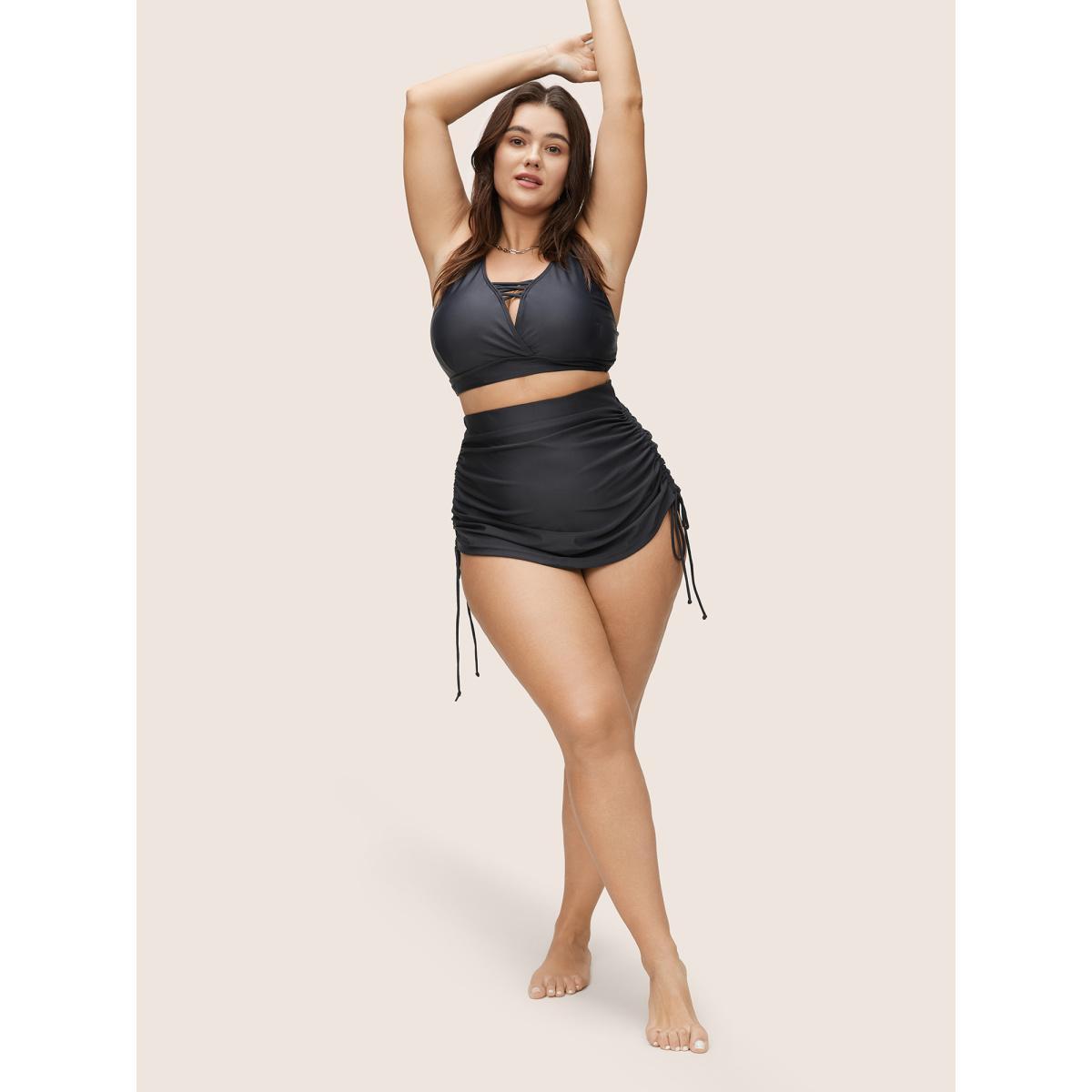 Plus Size Plain Ruched Drawstring Elastic Waist Swim Bottom Women's Swimwear Black Beach Non High stretch Skinny High Rise Curve Swim Bottoms BloomChic 28/5X Product Image