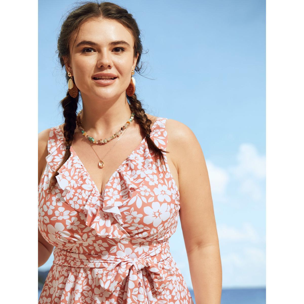Plus Size Floral Tie Knot Patchwork Ruffles Swim Dress Women's Swimwear Coral Beach Bodycon Overlap Collar High stretch Curve Swim Dresses BloomChic 10/M Product Image