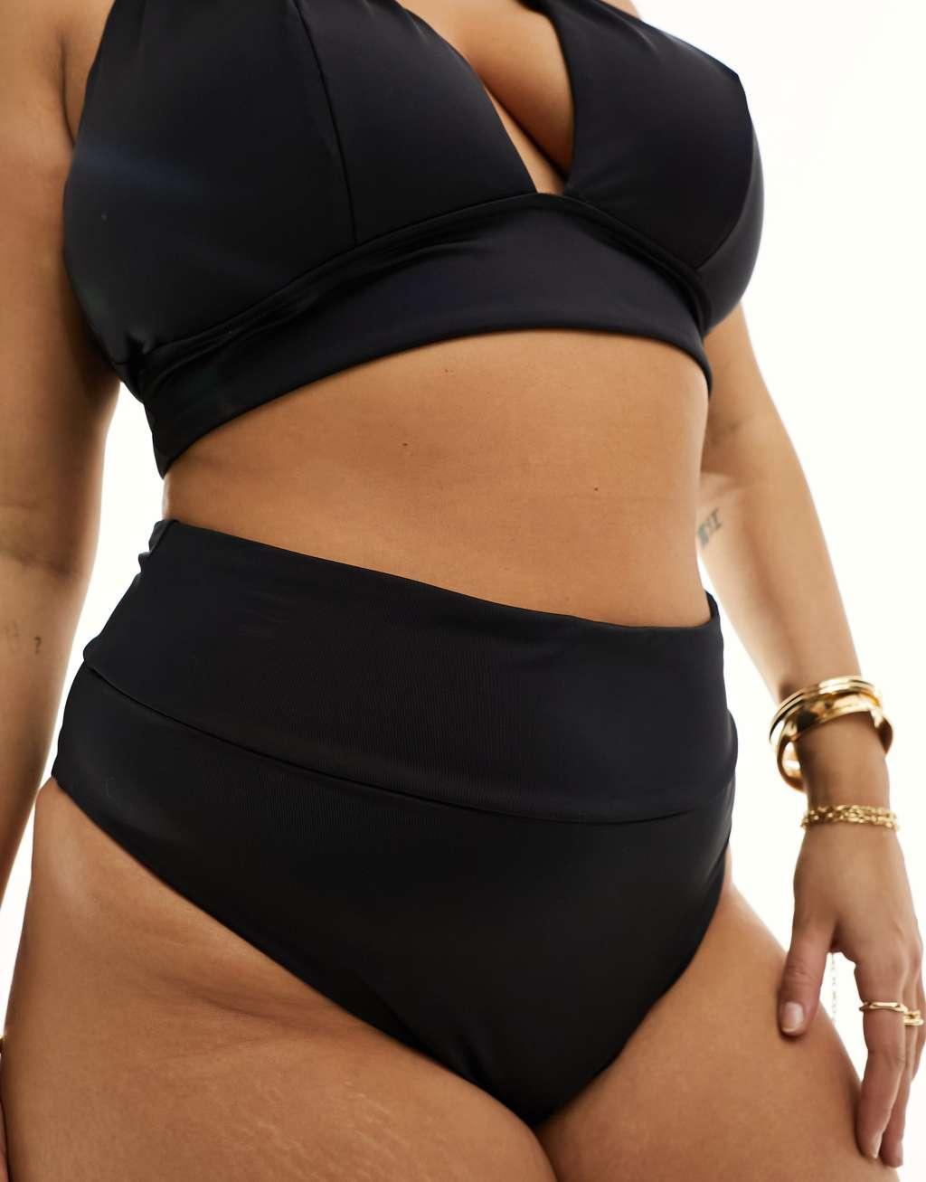ASOS DESIGN Curve Maya mix and match deep band high waist bikini bottom in black Product Image