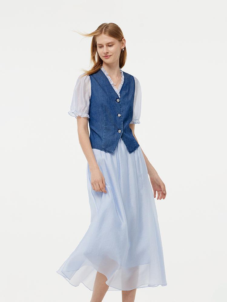Denim Lyocell Patchwork Crop Jacket And Skirt Two-Piece Set Product Image