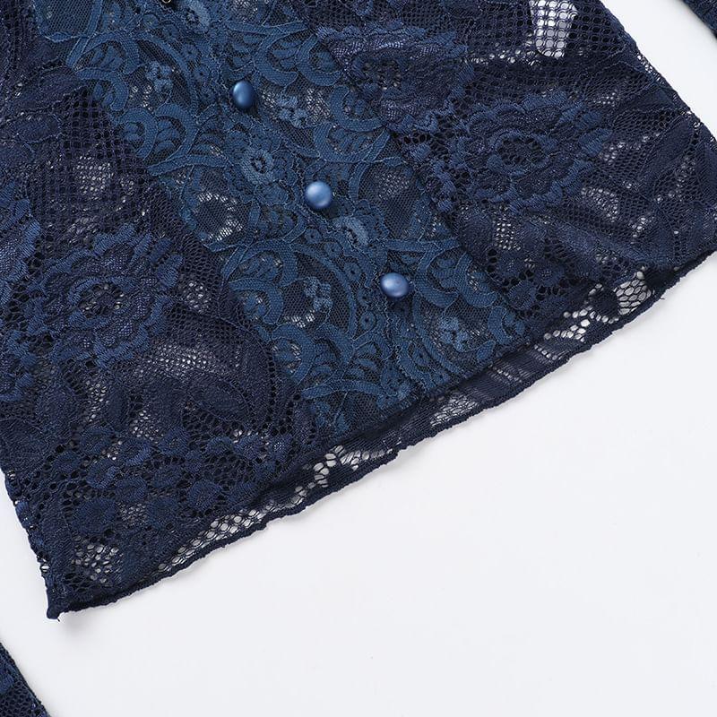 Long Sleeve V-Neck Lace Button Up Cropped Top Product Image