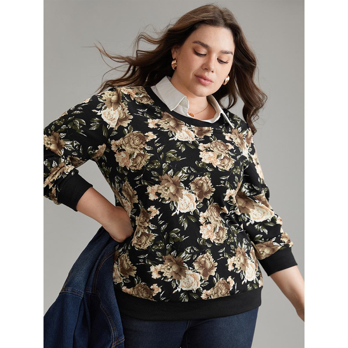 Plus Size 2-In-1 Floral Print Shirt Collar Sweatshirt Women BlackFlower Elegant Printed Shirt collar Dailywear Sweatshirts BloomChic 10/M Product Image