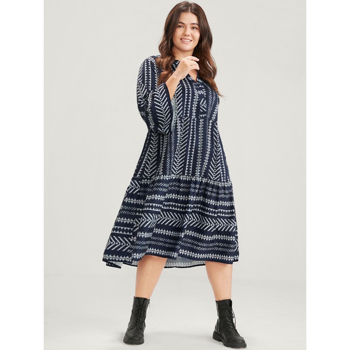 Plus Size Bloom Dress -Geometric Pocket Ruffles V Neck Knee Dress DarkBlue Women Vacation Pocket V-neck Elbow-length sleeve Curvy Knee Dress BloomChic 12/L Product Image