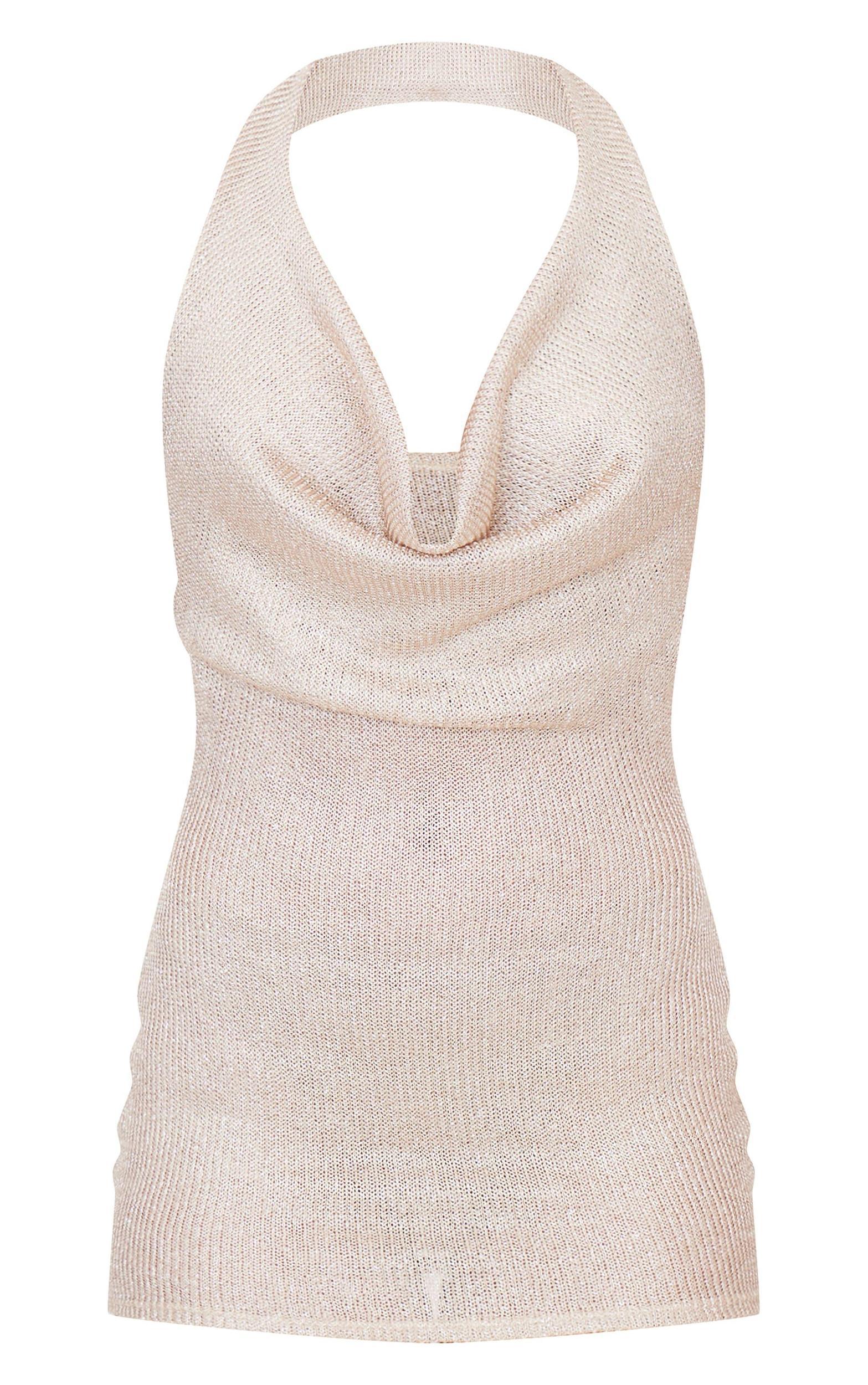 Gold Metallic Ribbed Cowl Neck Mini Dress Product Image
