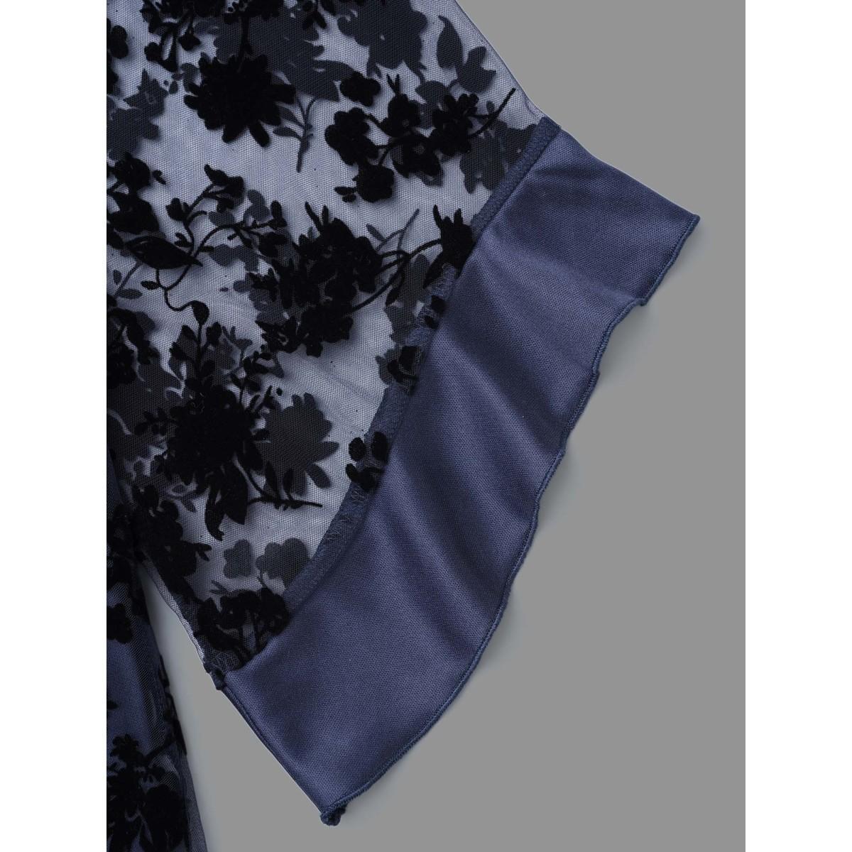 Plus Size Indigo Floral Flocking Mesh Asymmetrical Hem Blouse Women Elegant Three Quater Length Sleeve V-neck Everyday Blouses BloomChic 30/6X Product Image