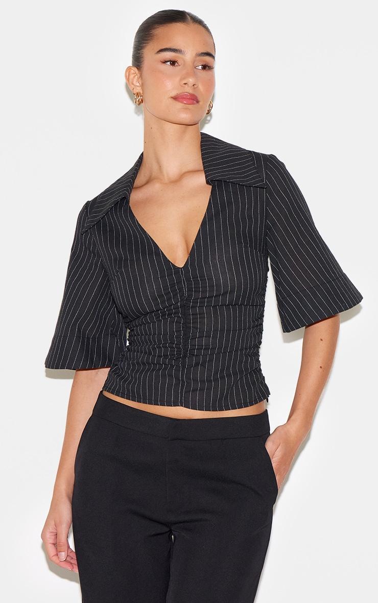 Black Pinstripe Fitted Boxy Sleeve Shirt Product Image