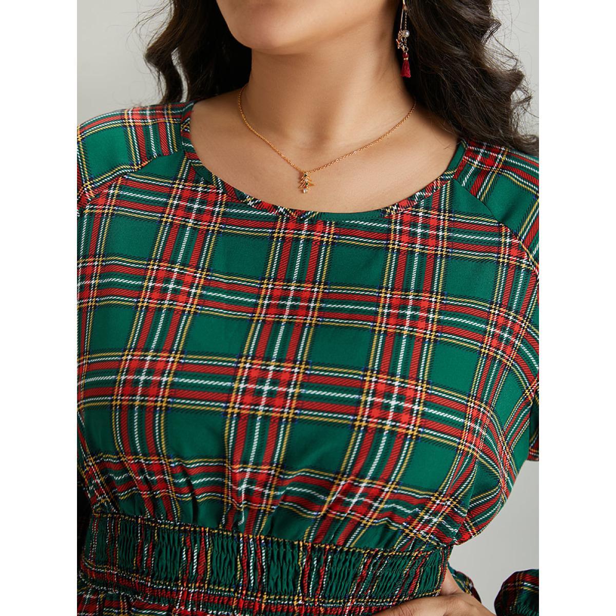 Plus Size Green Christmas Plaid Shirred Ruffle Hem Blouse Women Elegant Long Sleeve Round Neck Festival-Christmas Blouses BloomChic 14-16/1X Product Image