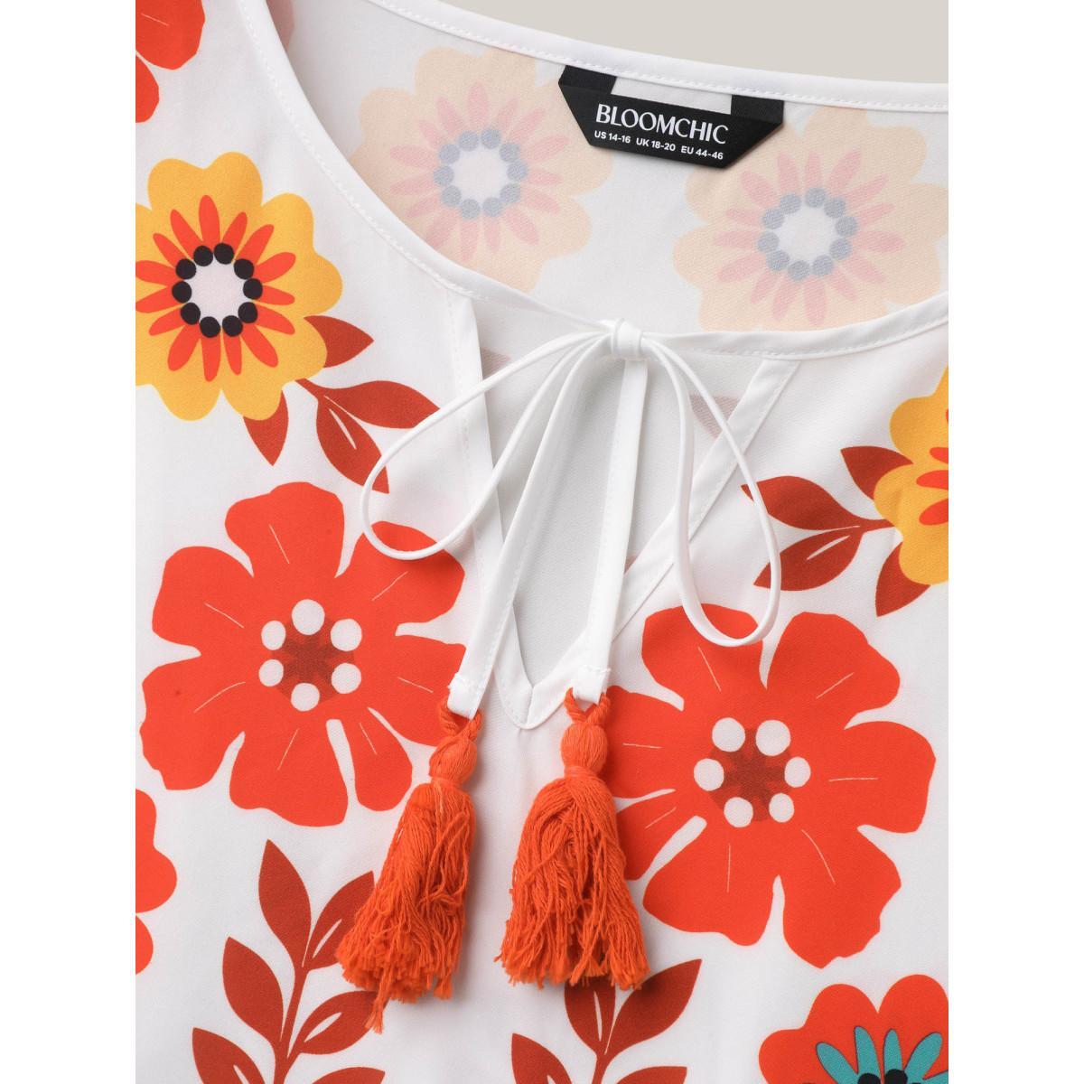 Plus Size WhiteSmoke Floral Print Neck-Tie Babydoll Top Women Resort Short sleeve Non Vacation Blouses BloomChic 10/M Product Image