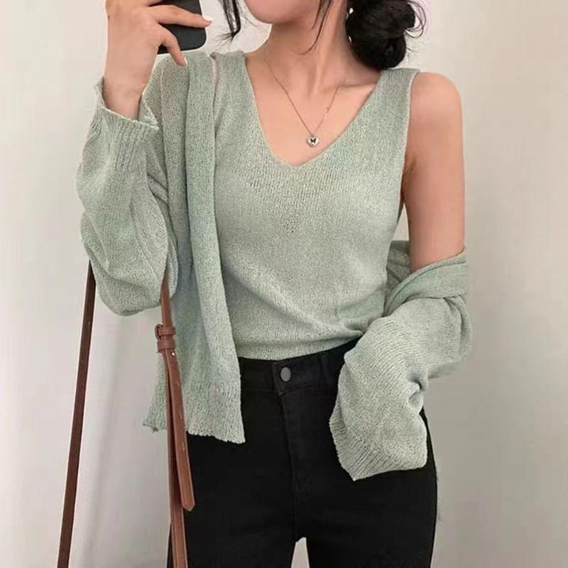 Set: V-Neck Plain Knit Crop Tank Top + Cardigan Product Image
