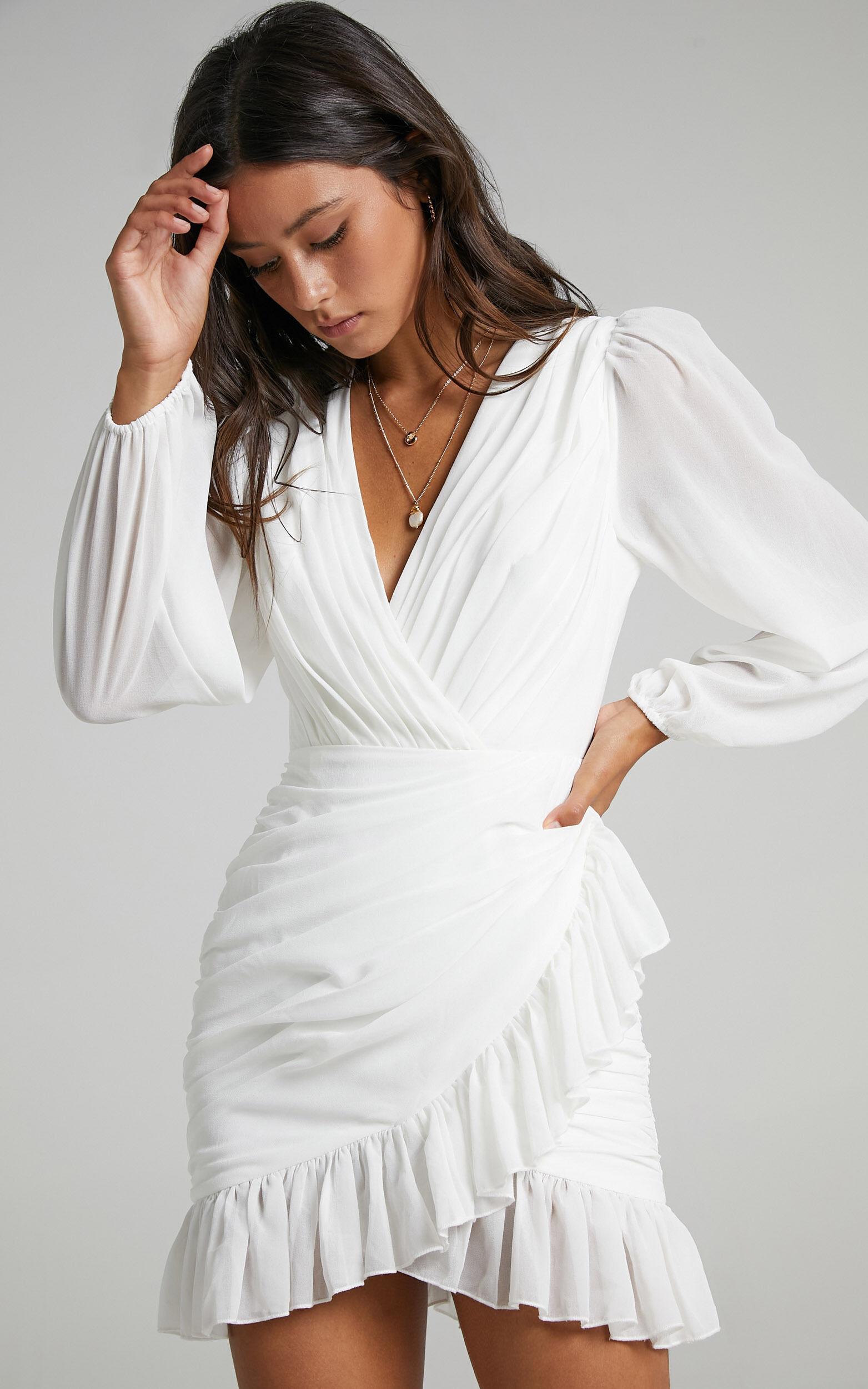 Can I Be Your Honey Mini Dress - Plunge Balloon Sleeve Dress in White Product Image