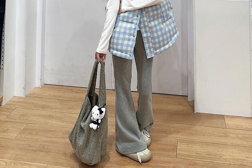 Long-Sleeve Plain Slim Fit Tee / Stand Collar Plaid Button Puffer Vest / Elastic Waist Bootcut Sweatpants Product Image