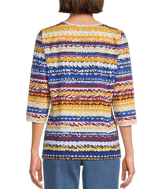 Allison Daley Indigo Boho Stripe Print 3/4 Sleeve V-Neck Knit Top Product Image