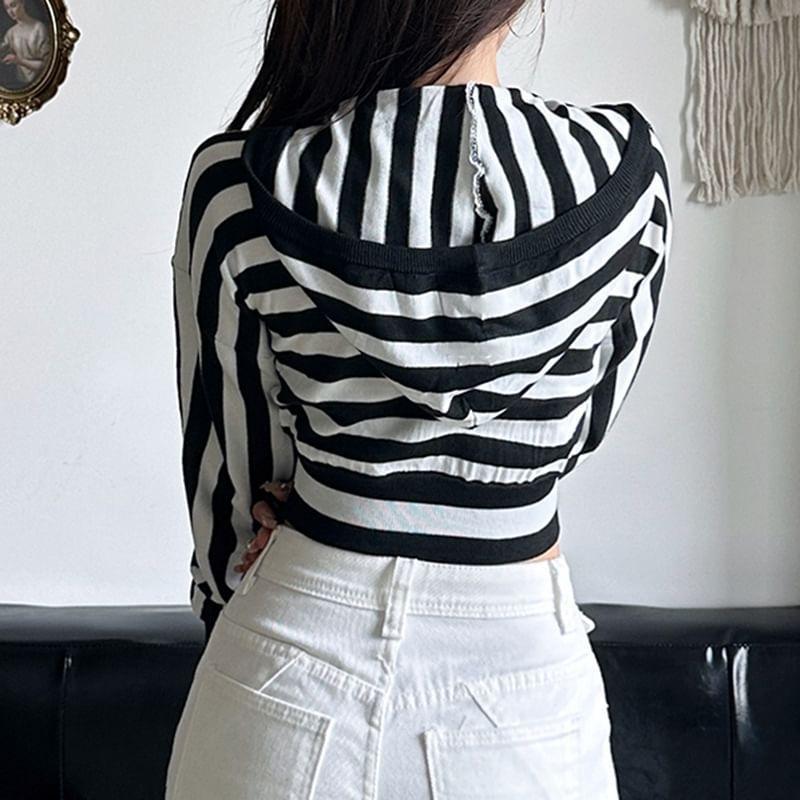 Long Sleeve Deep Plunge Striped Hood Knit Crop Top Product Image