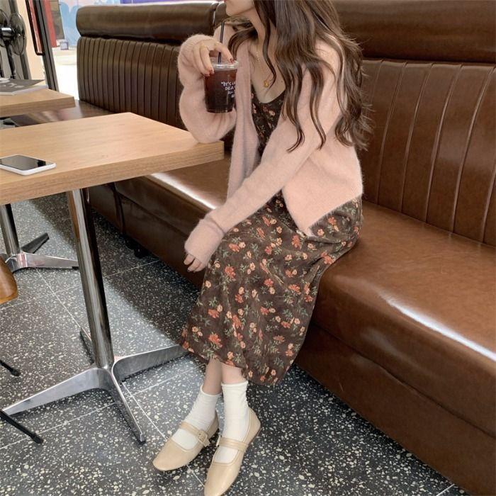 Spaghetti Strap Floral Print Midi A-Line Dress / Cardigan Product Image