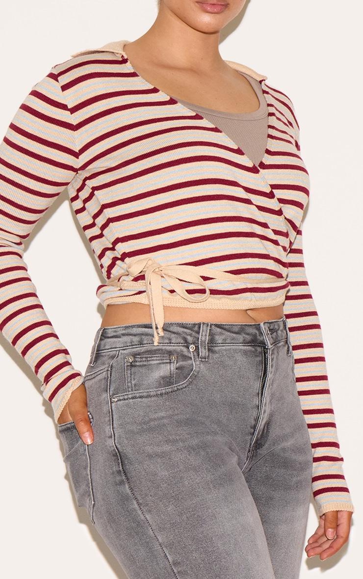 Shape Cream Knitted Striped Tie Waist Collared Sweater Product Image