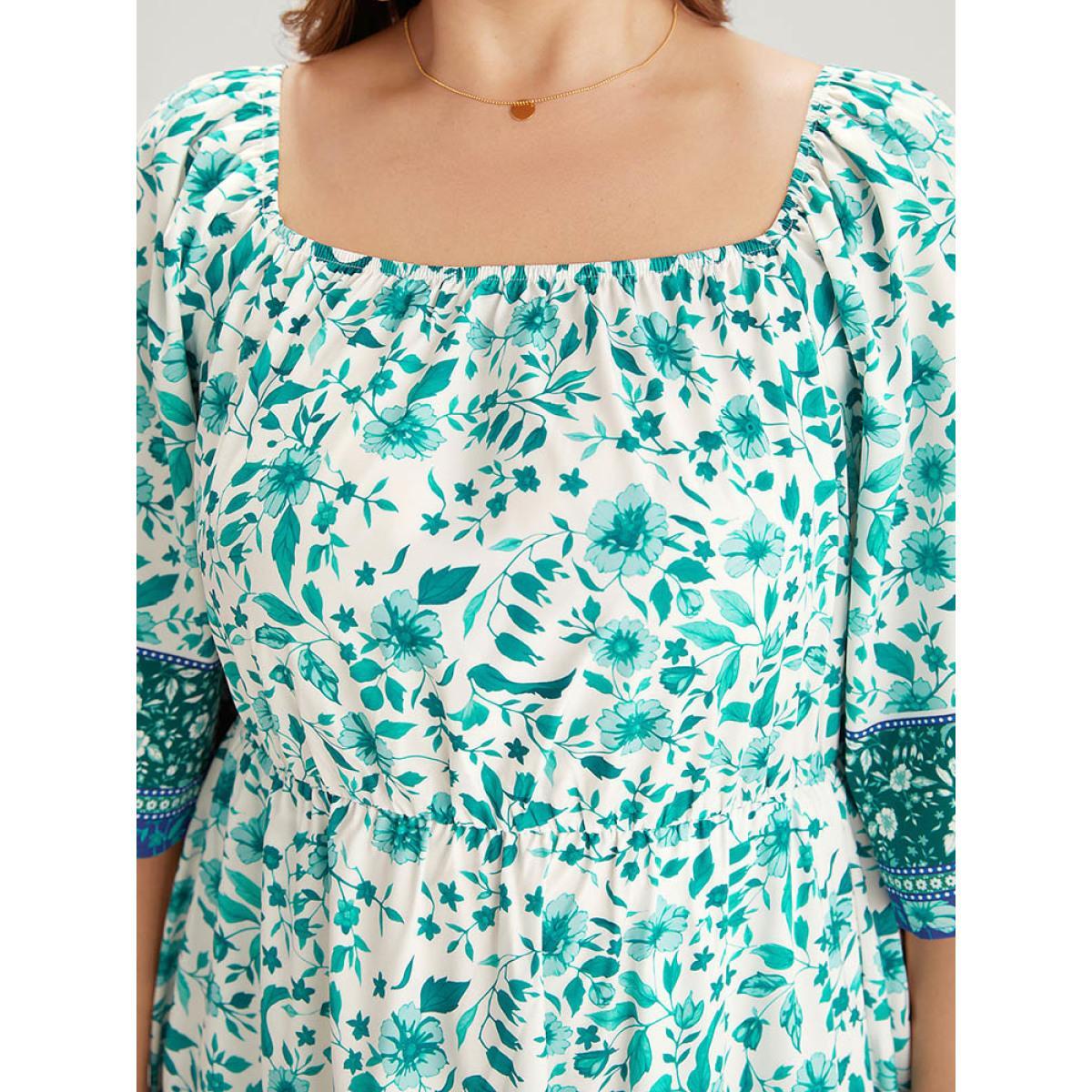 Plus Size Floral Print Patchwork Square Neck Raglan Sleeve Dress Emerald Women Vacation Gathered Square Neck Half Sleeve Curvy Midi Dress BloomChic 12/L Product Image