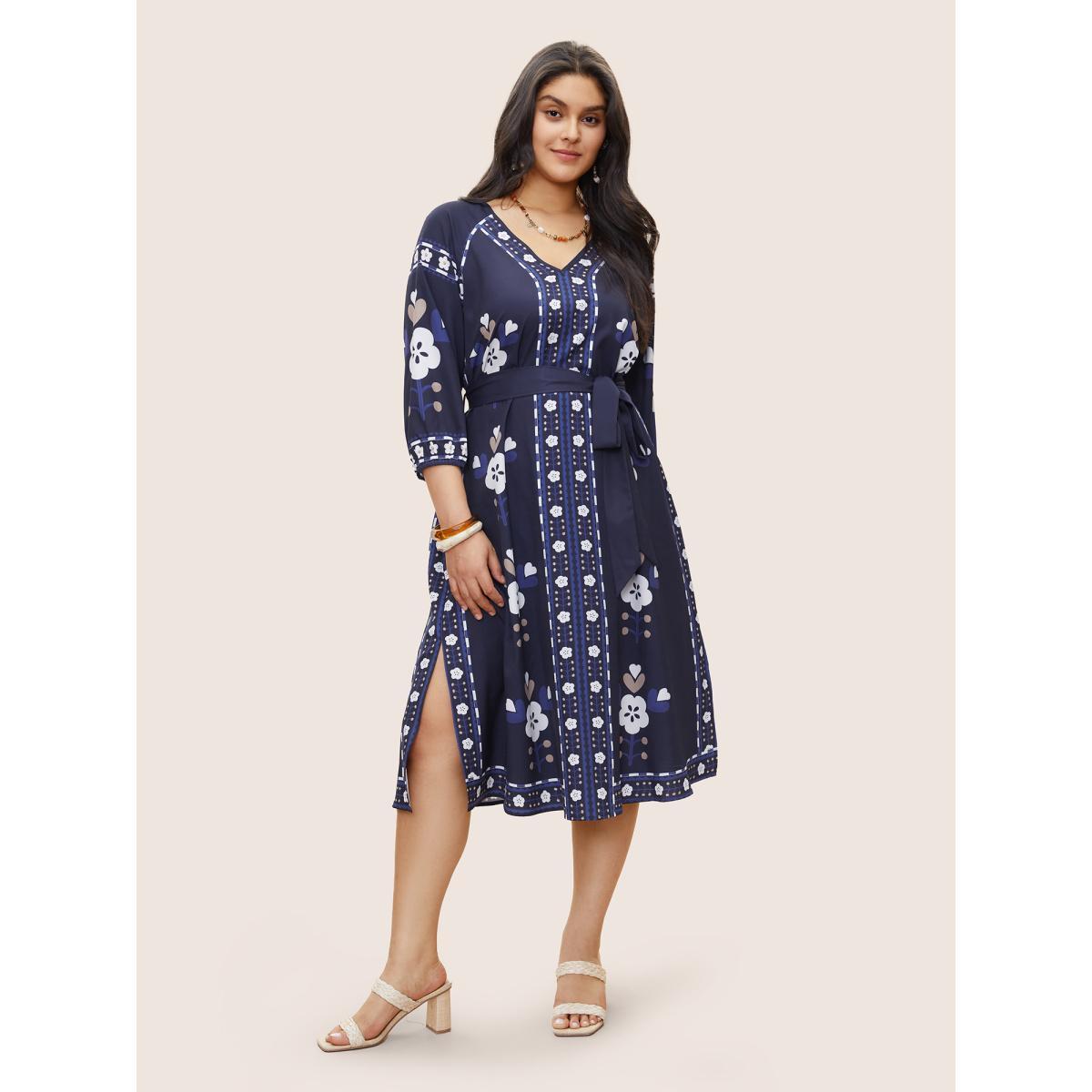 Plus Size Boho Print Belted Pocket Split Side Dress DarkBlue Women Resort Belted V-neck Elbow-length sleeve Curvy Midi Dress BloomChic 14-16/1X Product Image