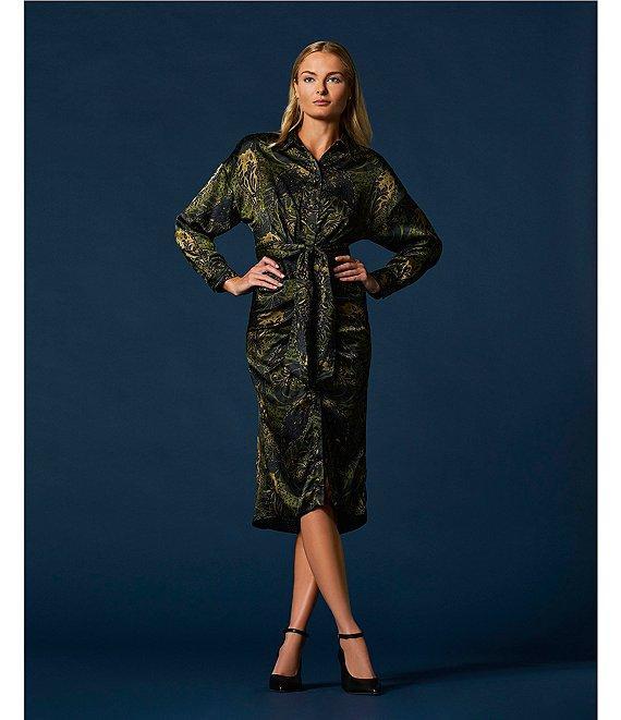 Antonio Melani Roxanne Satin Motif Print Point Collar Long Sleeve Button Front Belted Ruched Waist Midi Shirt Dress Product Image