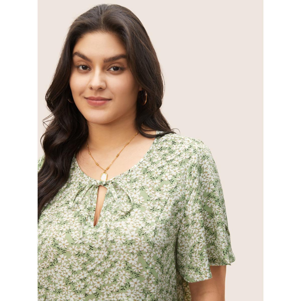 Plus Size Sage Ditsy Floral Ruffle Sleeve Gathered Ties Blouse Women Elegant Short sleeve Ribbon-tied collar Everyday Blouses BloomChic 26/4X Product Image