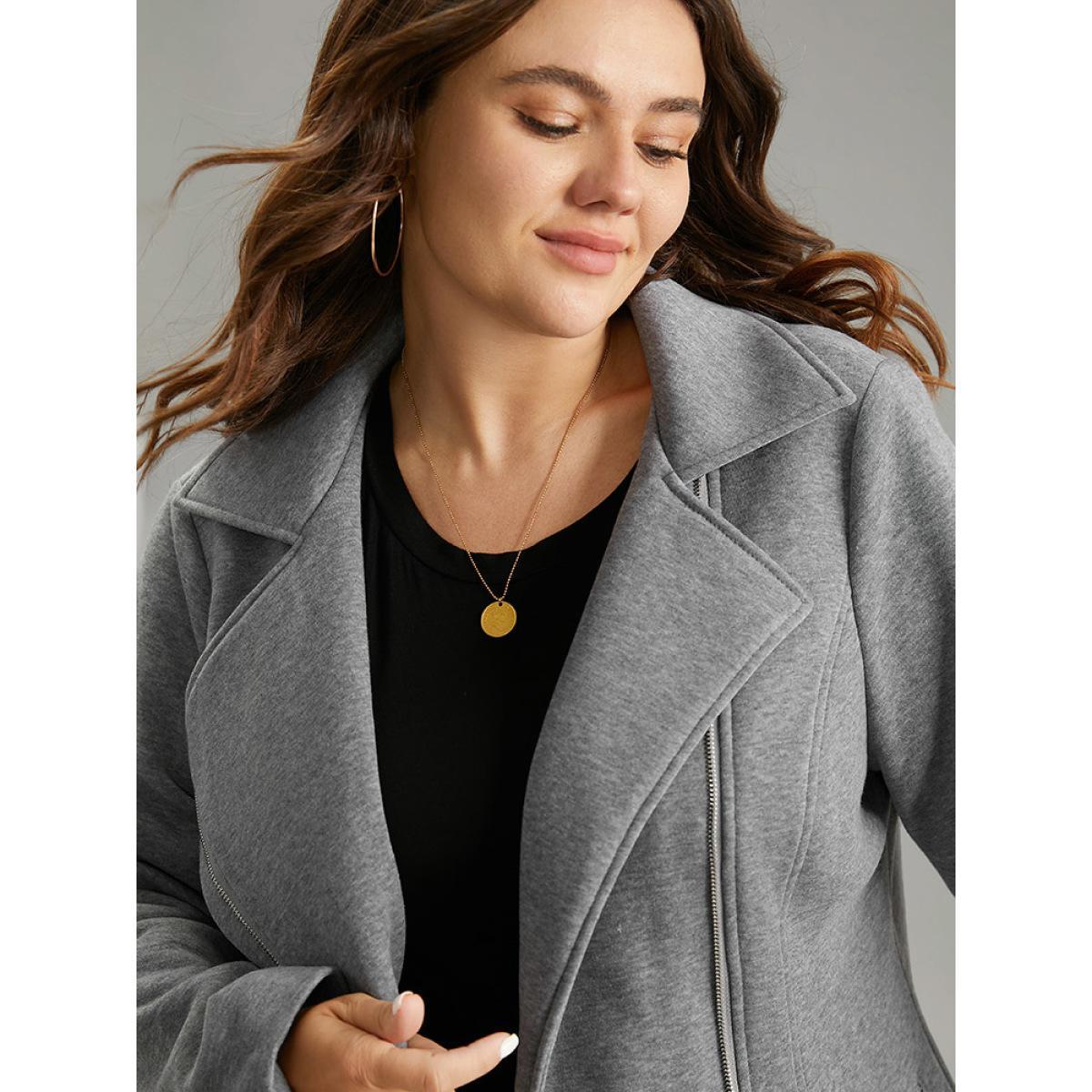 Plus Size Solid Zipper Asymmetrical Pocket Lapel Collar Coat Women Gray Casual Lined Ladies Dailywear Winter Coats BloomChic 30/6X Product Image