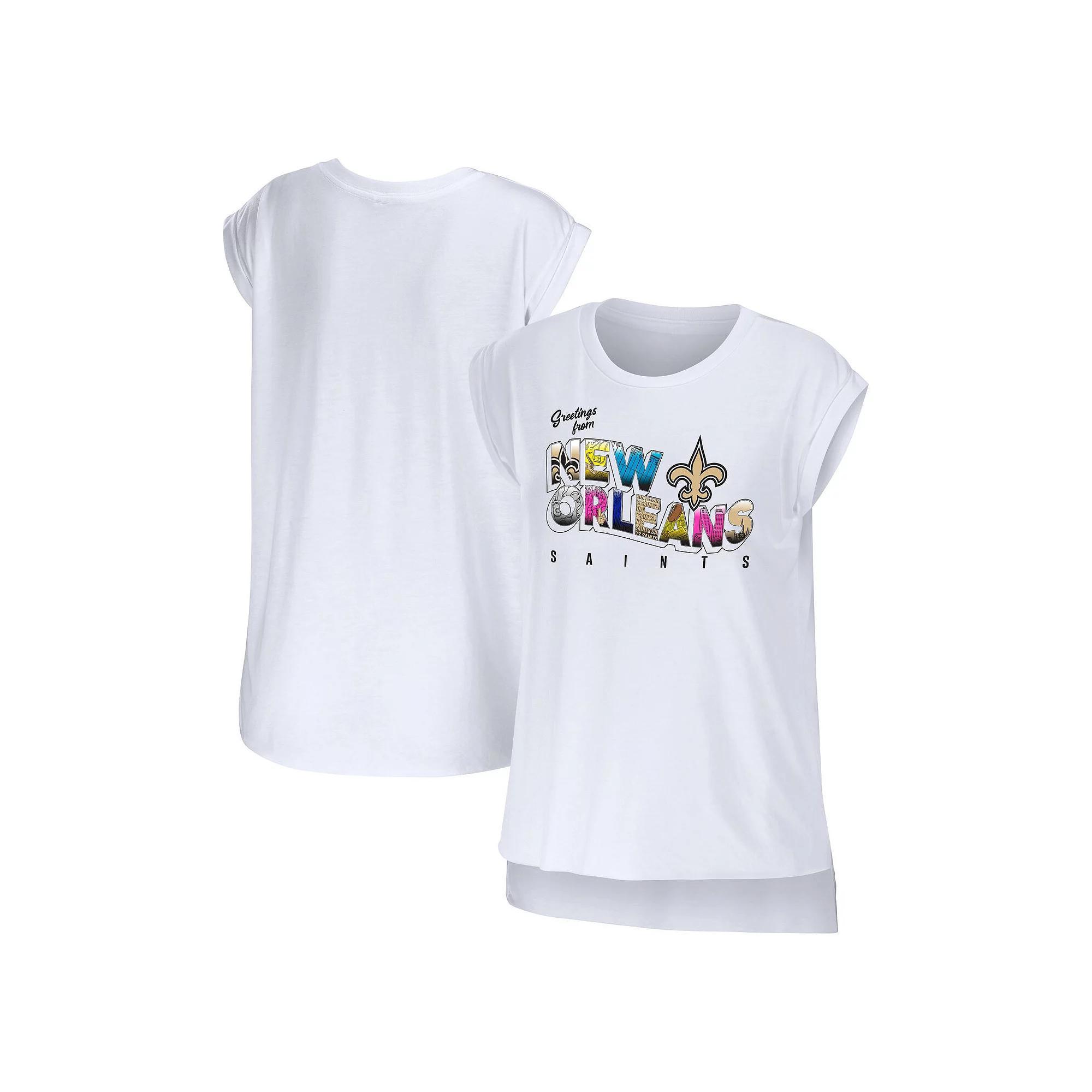 Women's WEAR by Erin Andrews White New Orleans Saints Greetings From Muscle T-Shirt, Size: XS Product Image