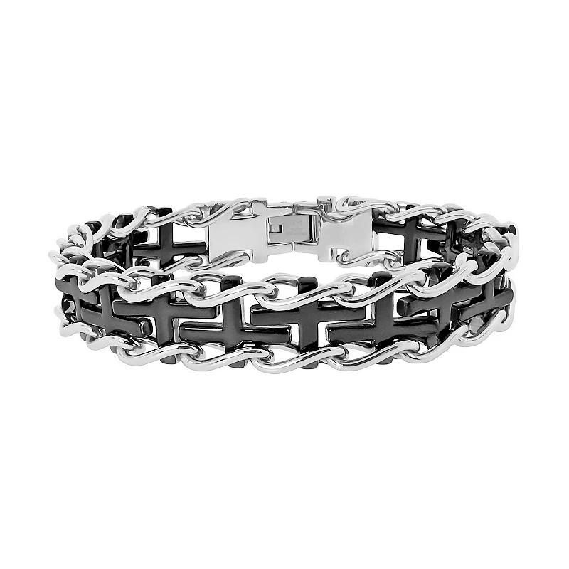 LYNX Two Tone Ion-Plated Stainless Steel Sideways Cross Railroad  Bracelet -  Men, Men's, Size: 9", Black Product Image