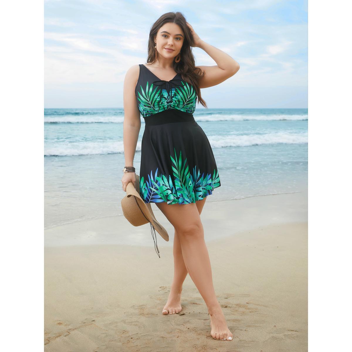 Plus Size Tropical Print Adjusable Drawstring One-Piece Swimsuit Women's Swimwear Black Beach Bodycon U-neck High stretch Curve Swim Dresses BloomChic 10/M Product Image