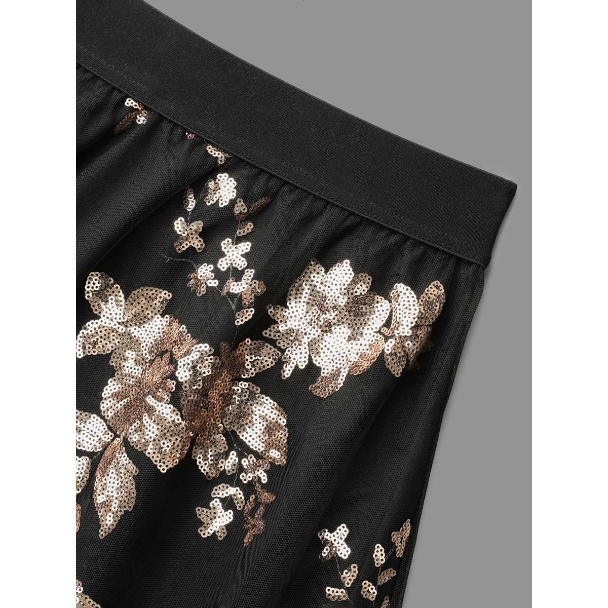Plus Size Sequin Floral Stretchy Waist Skirt Women Black Cocktail No stretch Party Skirts BloomChic 12/L Product Image