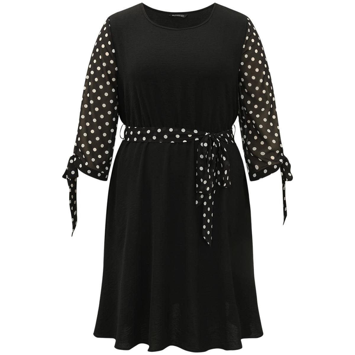 Plus Size Polka Dot Patchwork Mesh Belted Bowknot Dress Black Women Office See through Round Neck Long Sleeve Curvy Midi Dress BloomChic 22-24/3X Product Image